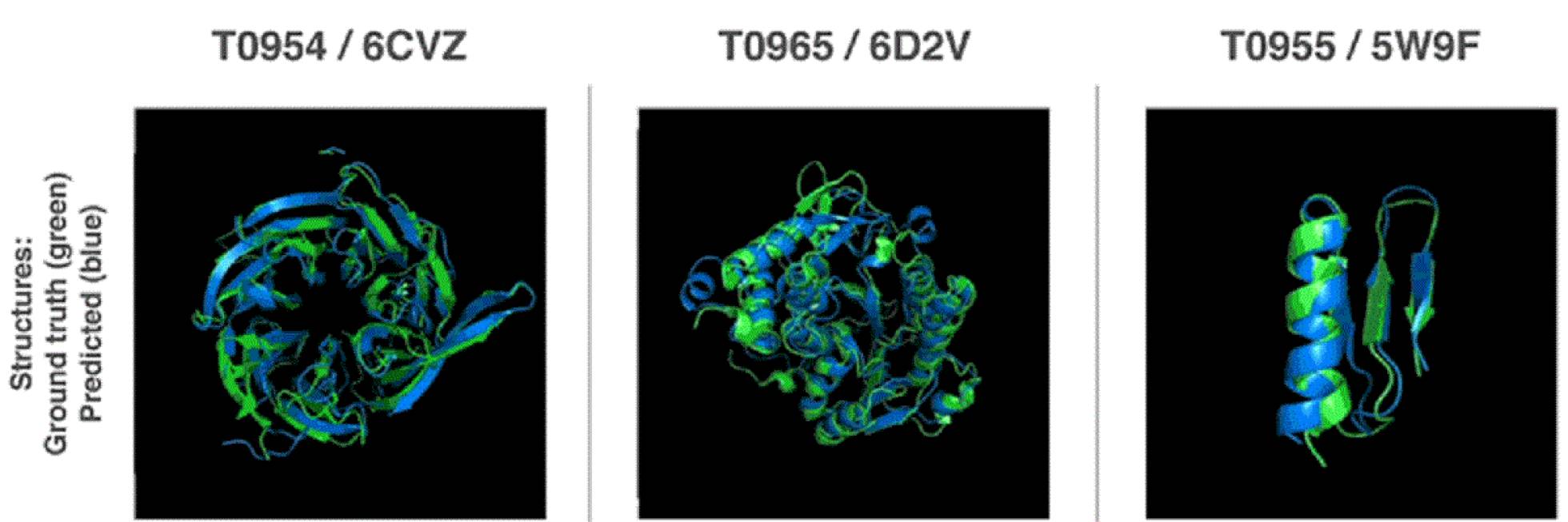  Ilustración de la forma 3D de proteínas del concurso. En verde, la estructura real de las moléculas, en azul, la estructura que predijo el algoritmo AlphaFold. DeepMind 