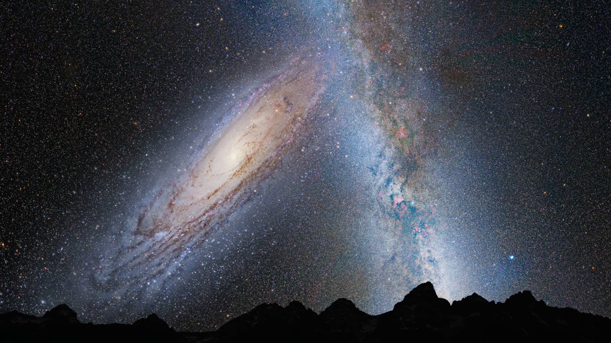  Representación del cielo nocturno en la Tierra dentro de 3.700 millones de años, con la galaxia de Andrómeda, a la izquierda, y la Vía láctea. NASA 