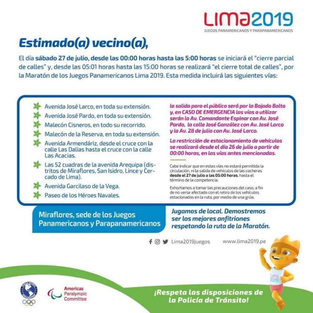 Se cerrarán vías en Cercado de Lima, San Isidro, Lince y Miraflores por los Juegos Panamericanos Lima 2019.